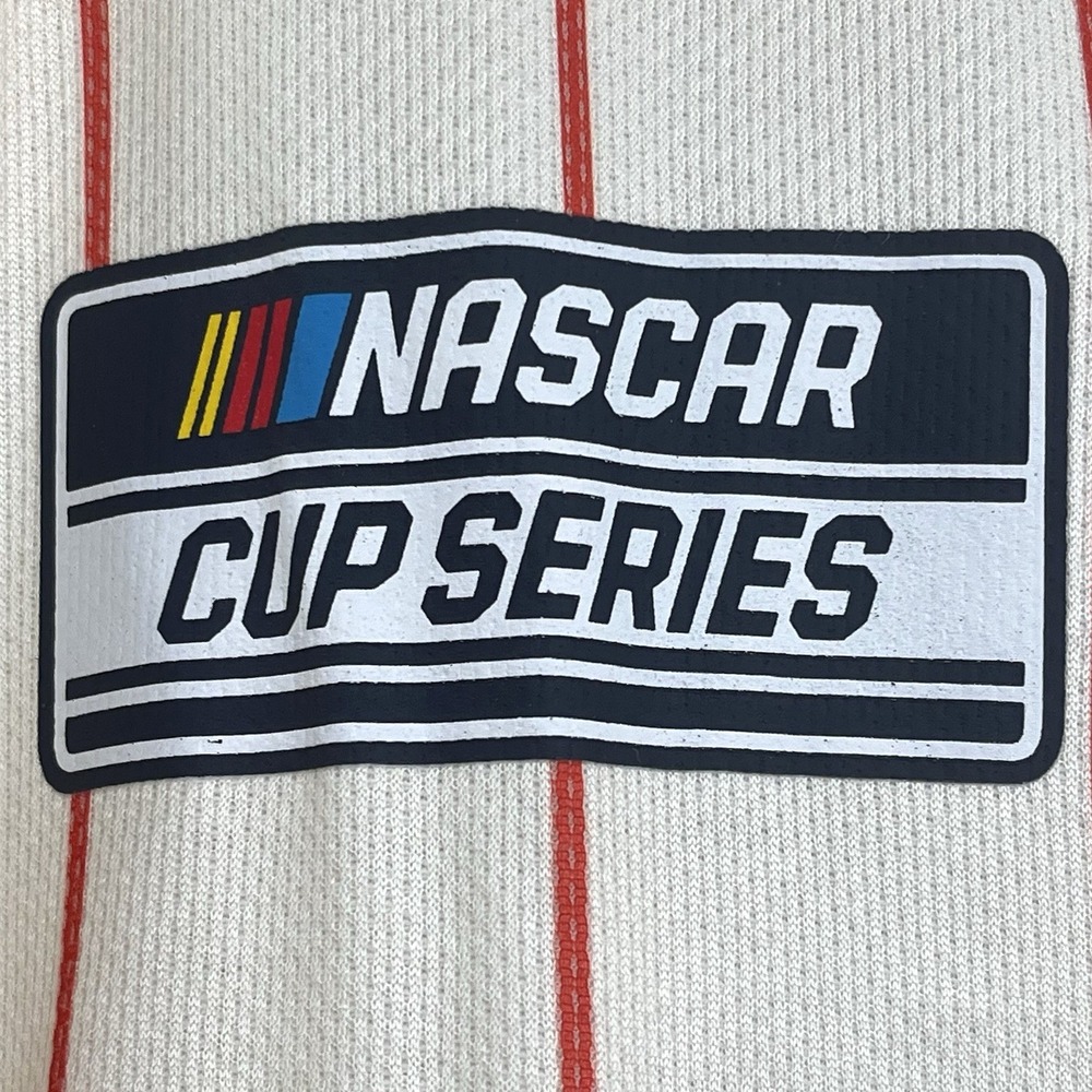 NWT Men's NASCAR Cup Series Baseball Jersey Medium White Red Pinstripe Button Up - Picture 7 of 13
